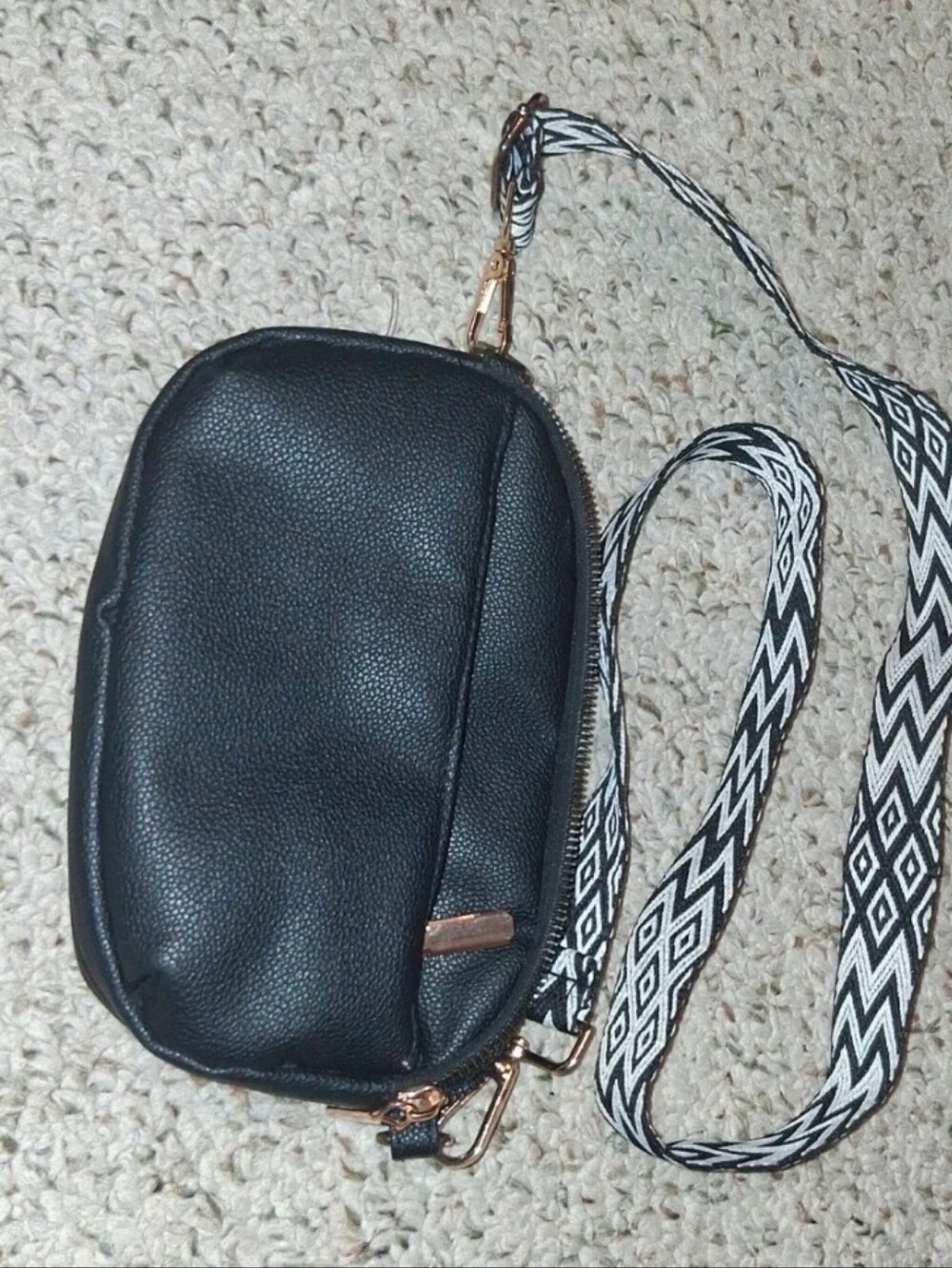 Black Pebble Crossbody Purse with Patterned Strap